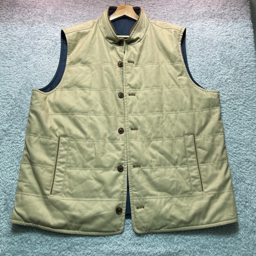 Mens Reversible Quilted Puffer Vest Tan Navy Blue Button Front Mock Neck XL